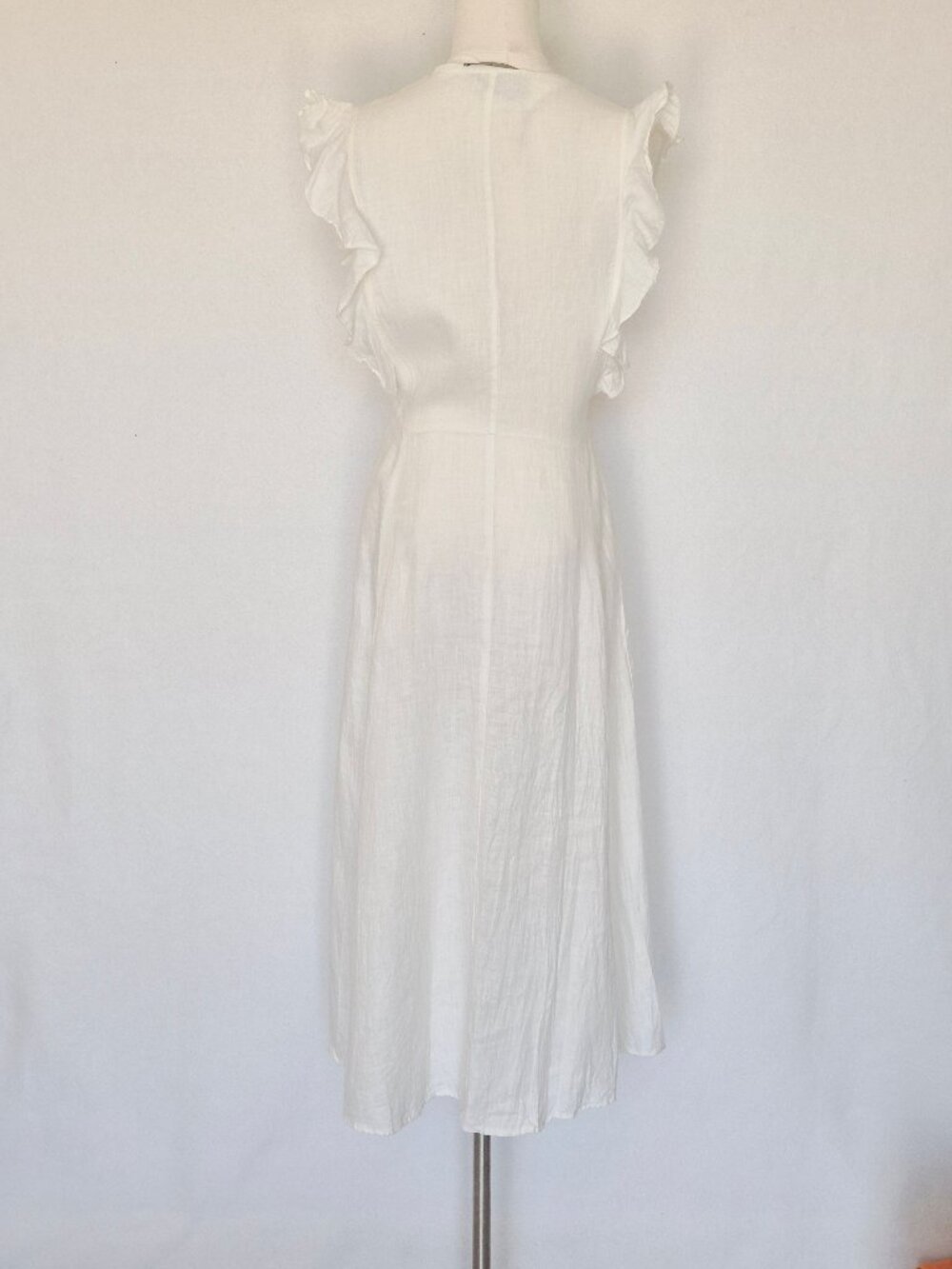 Reformation Linen Ruffle Sleeveless Deep V-Neck Midi Dress Button-Front Pocket - Picture 7 of 15